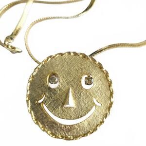 Smiley Face Brooch Pin on Chain Gold Tone Pendant Necklace